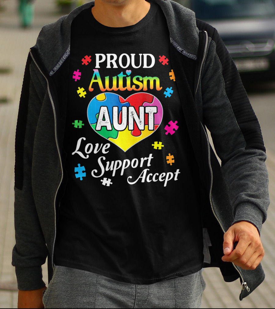 Proud Autism Aunt Heart Love Support Accept Puzzle Pieces T-Shirt