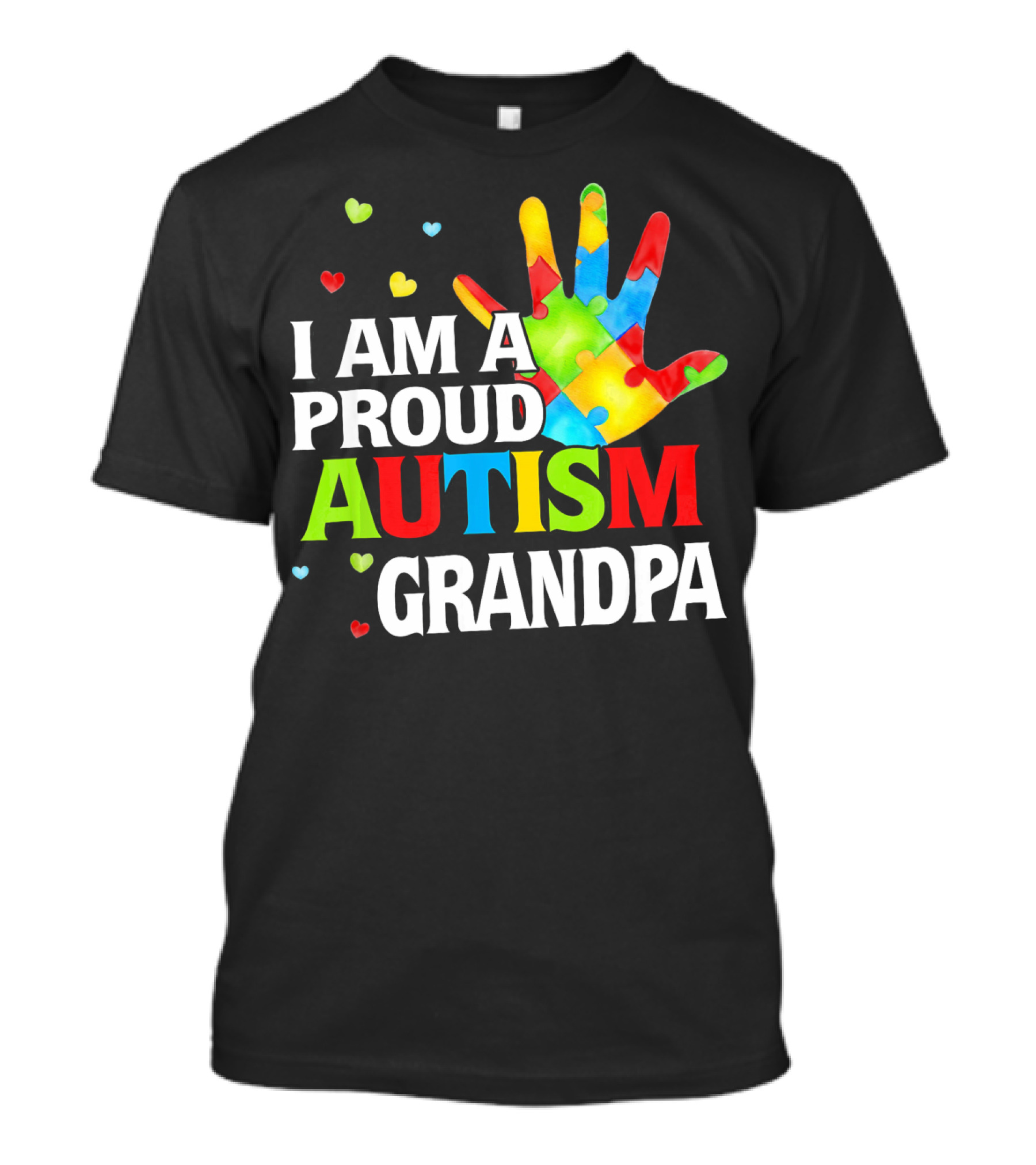 I Am A Proud Autism Grandpa Colorful Puzzle Hand Heart Accents T-Shirt