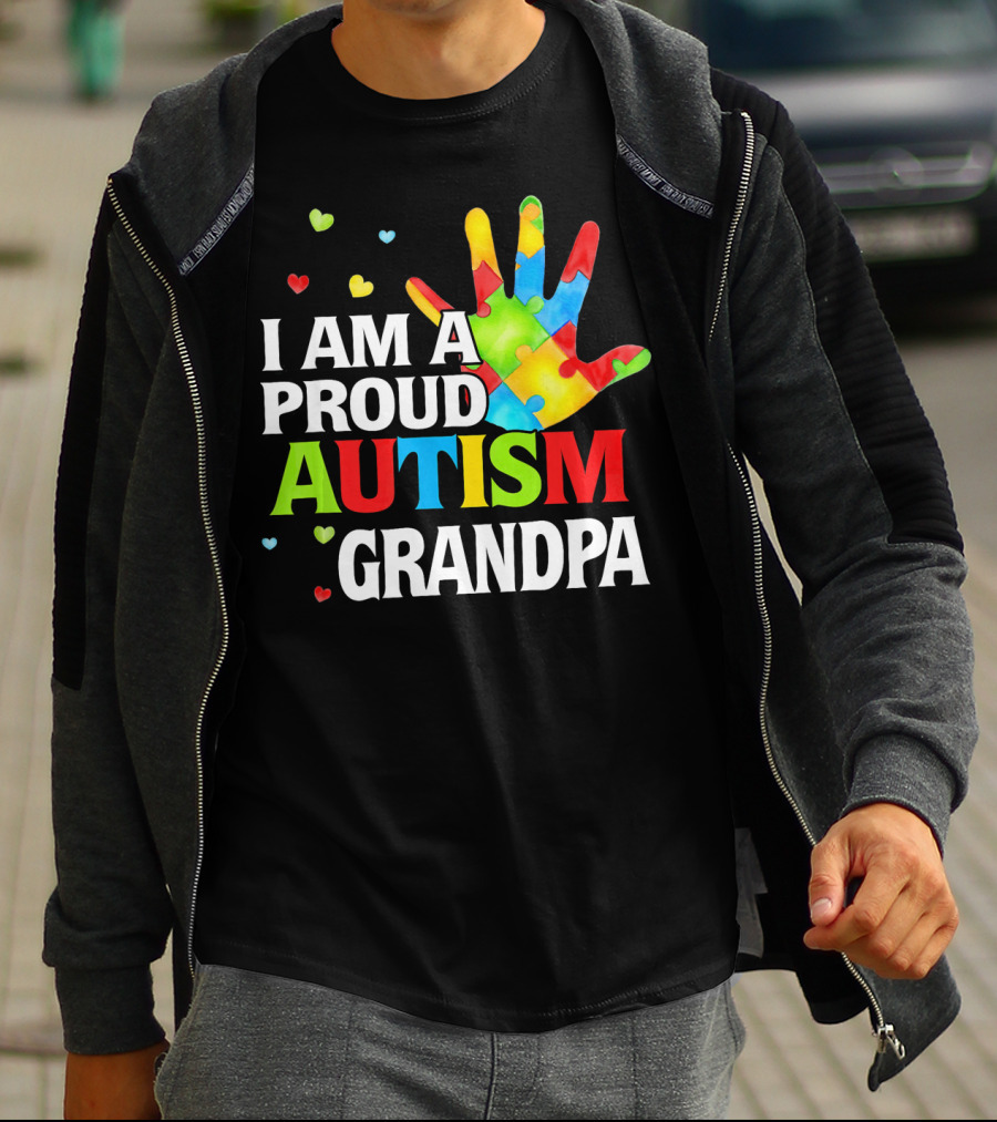 I Am A Proud Autism Grandpa Colorful Puzzle Hand Heart Accents T-Shirt