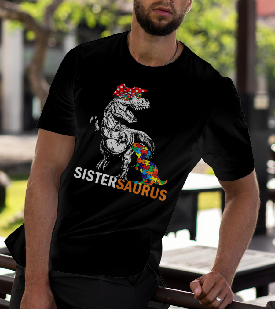 Sister Saurus Autism Awareness Dinosaur Puzzle Print T-Shirt