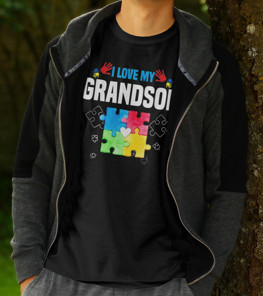 I Love My Grandson Autism Awareness Puzzle Pieces And Colorful Handprints T-Shirt