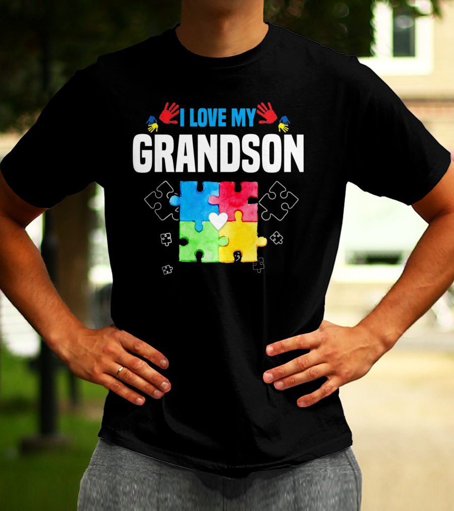 I Love My Grandson Autism Awareness Puzzle Pieces And Colorful Handprints T-Shirt