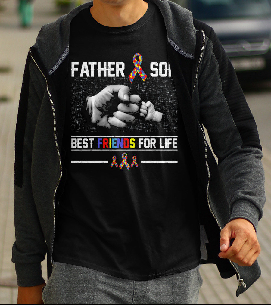 Father Son Best Friends For Life Autism Awareness Ribbon Fist Bump T-Shirt