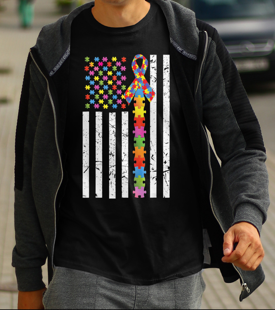 Autism Awareness US Flag Puzzle Ribbon T-Shirt