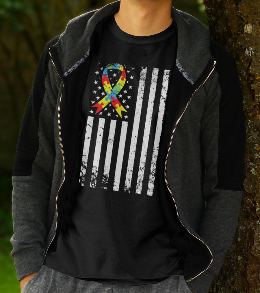 Vintage Autism Awareness Puzzle Ribbon US Flag T-Shirt