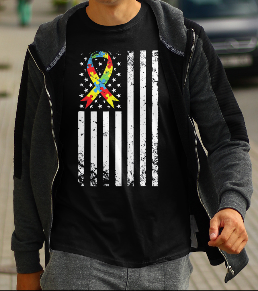 Vintage Autism Awareness Puzzle Ribbon US Flag T-Shirt