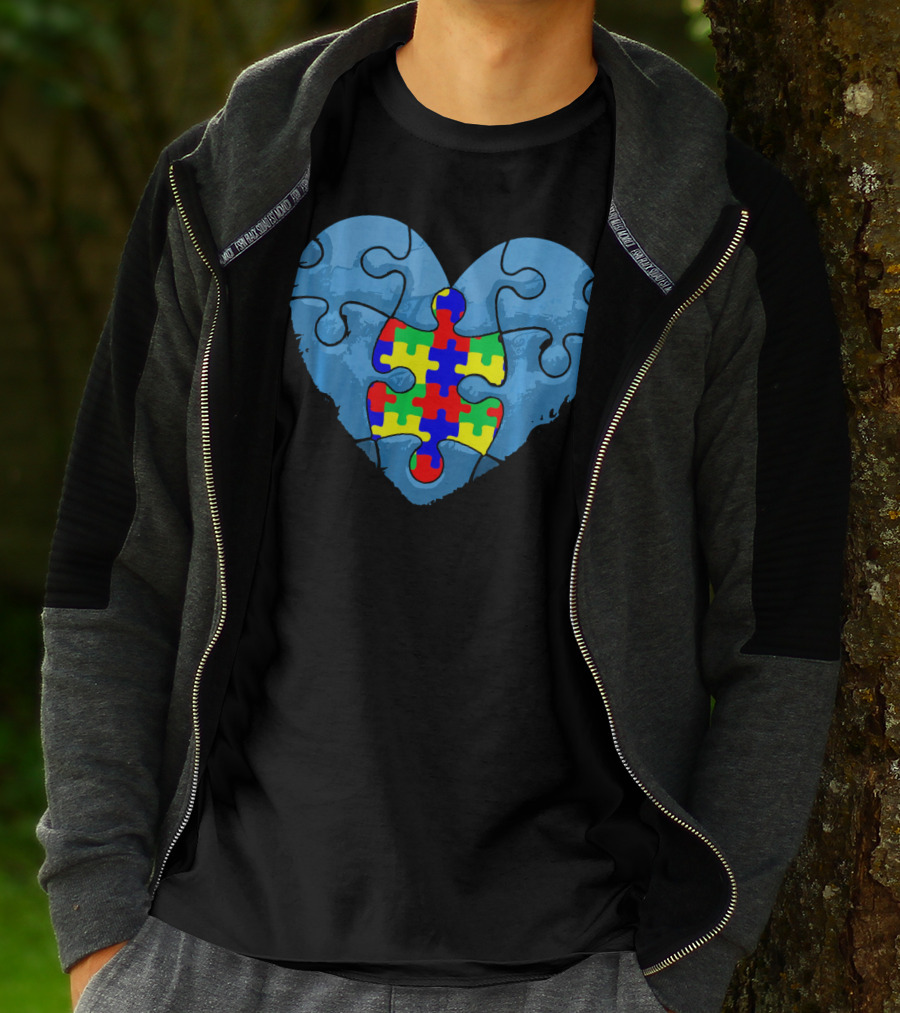 Love Doesn't Need Words Heart Puzzle Autism Awareness T-Shirt