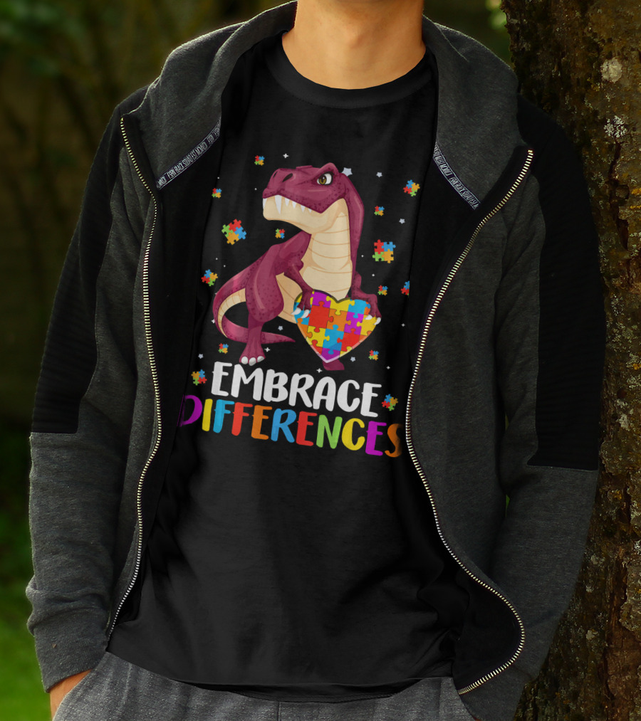 Embrace Differences Dinosaur Puzzle Pieces Autism Awareness T-Shirt
