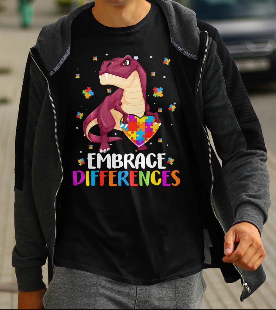 Embrace Differences Dinosaur Puzzle Pieces Autism Awareness T-Shirt