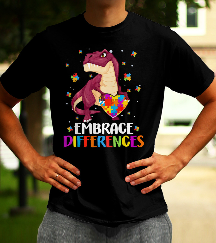 Embrace Differences Dinosaur Puzzle Pieces Autism Awareness T-Shirt