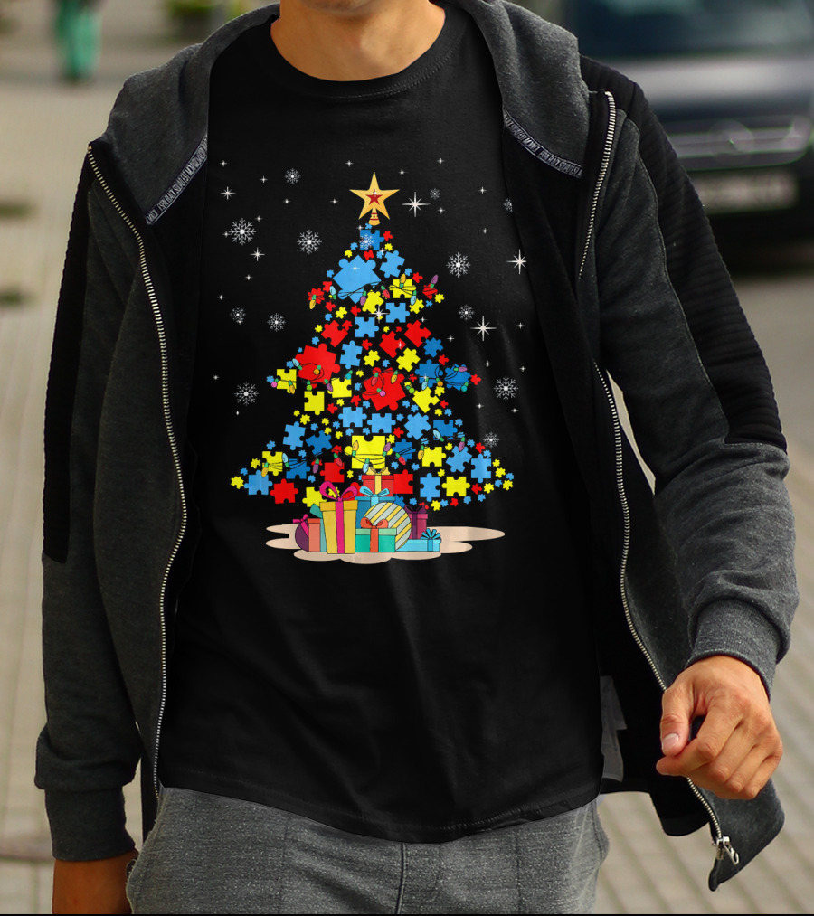 Puzzle Pieces Christmas Tree Autism Awareness Holiday T-Shirt