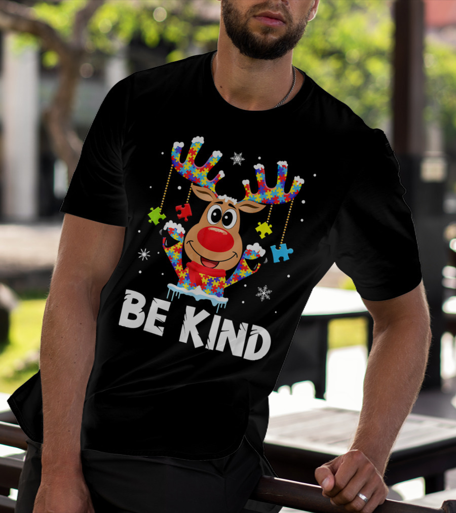 Be Kind Reindeer Puzzle Pieces Autism Awareness T-Shirt