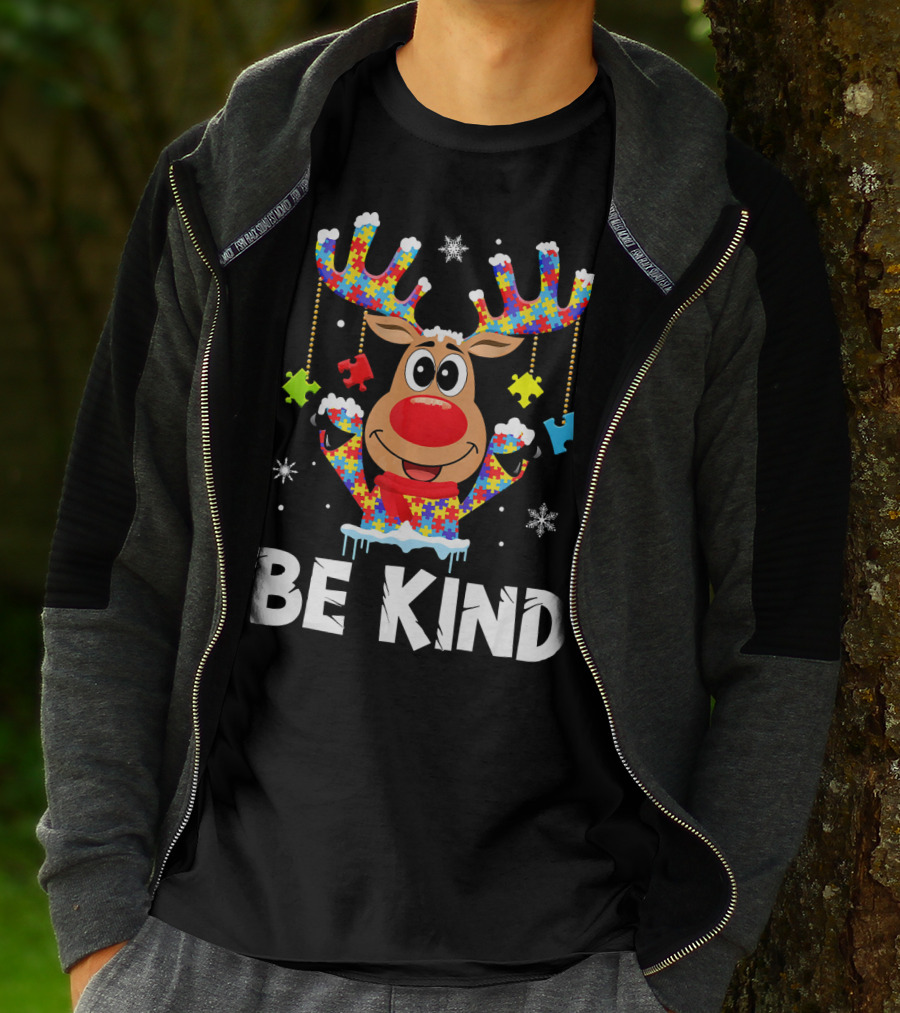 Be Kind Reindeer Puzzle Pieces Autism Awareness T-Shirt