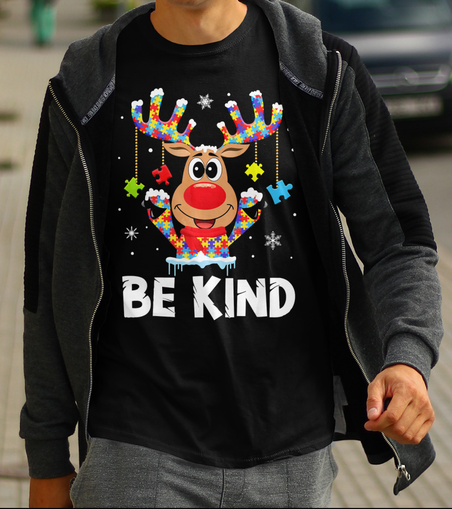 Be Kind Reindeer Puzzle Pieces Autism Awareness T-Shirt