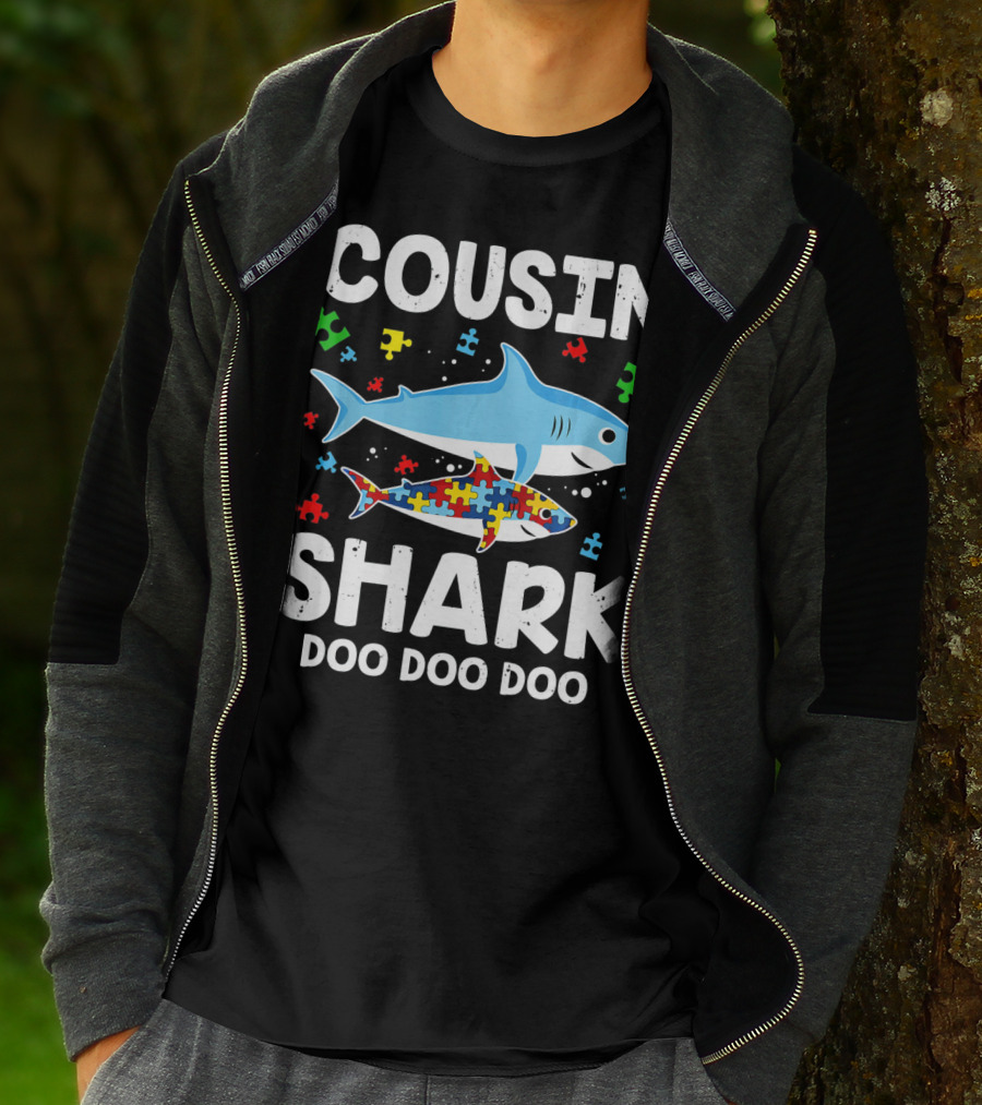Cousin Shark Doo Doo Doo Autism Awareness Puzzle Pieces T-Shirt