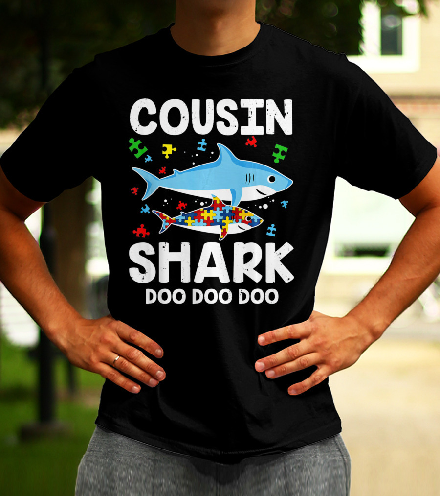 Cousin Shark Doo Doo Doo Autism Awareness Puzzle Pieces T-Shirt