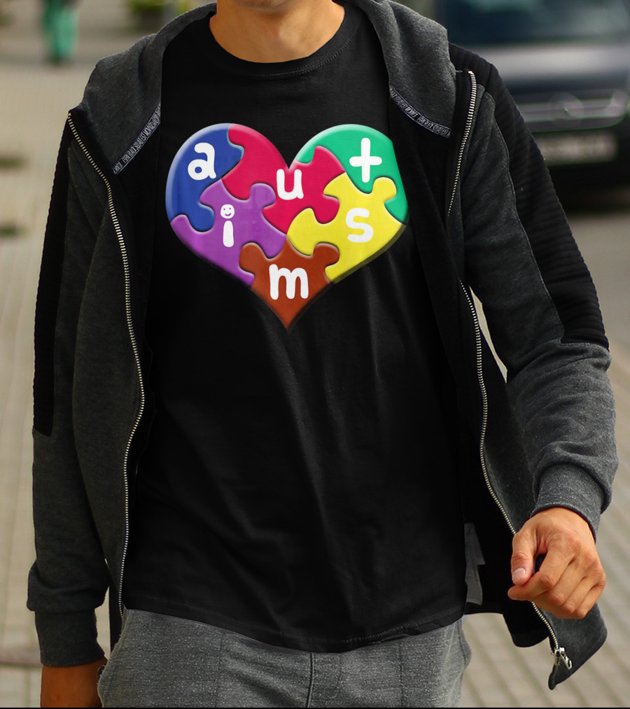 Autism Awareness Heart Puzzle Pieces Love Smile Colorful T-Shirt