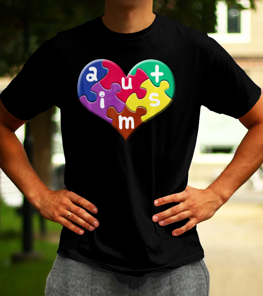 Autism Awareness Heart Puzzle Pieces Love Smile Colorful T-Shirt