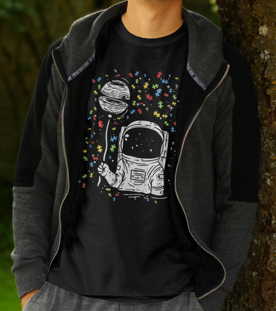 Astronaut Holding Planet Balloon With Puzzle Pieces For Autism Awareness T-Shirt