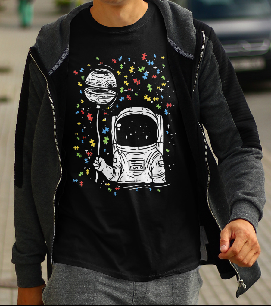 Astronaut Holding Planet Balloon With Puzzle Pieces For Autism Awareness T-Shirt