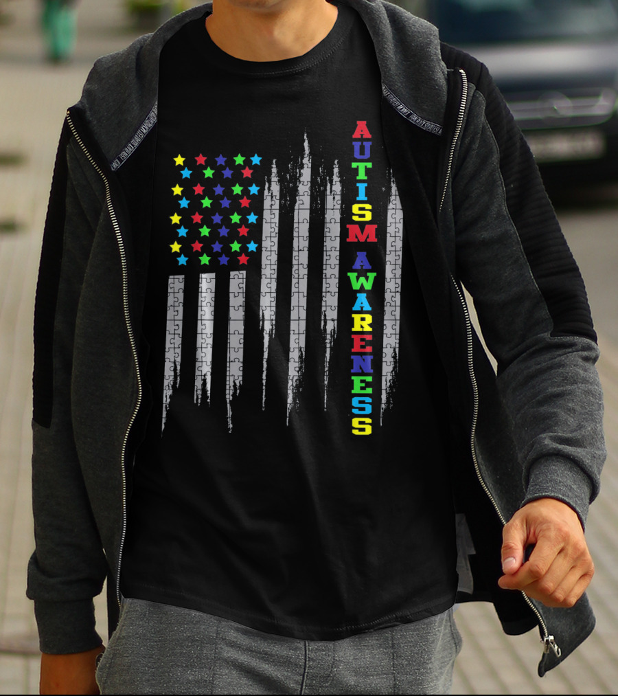 AUTISM AWARENESS DAY USA FLAG PUZZLE STARS T-Shirt