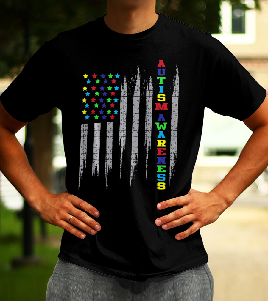 AUTISM AWARENESS DAY USA FLAG PUZZLE STARS T-Shirt