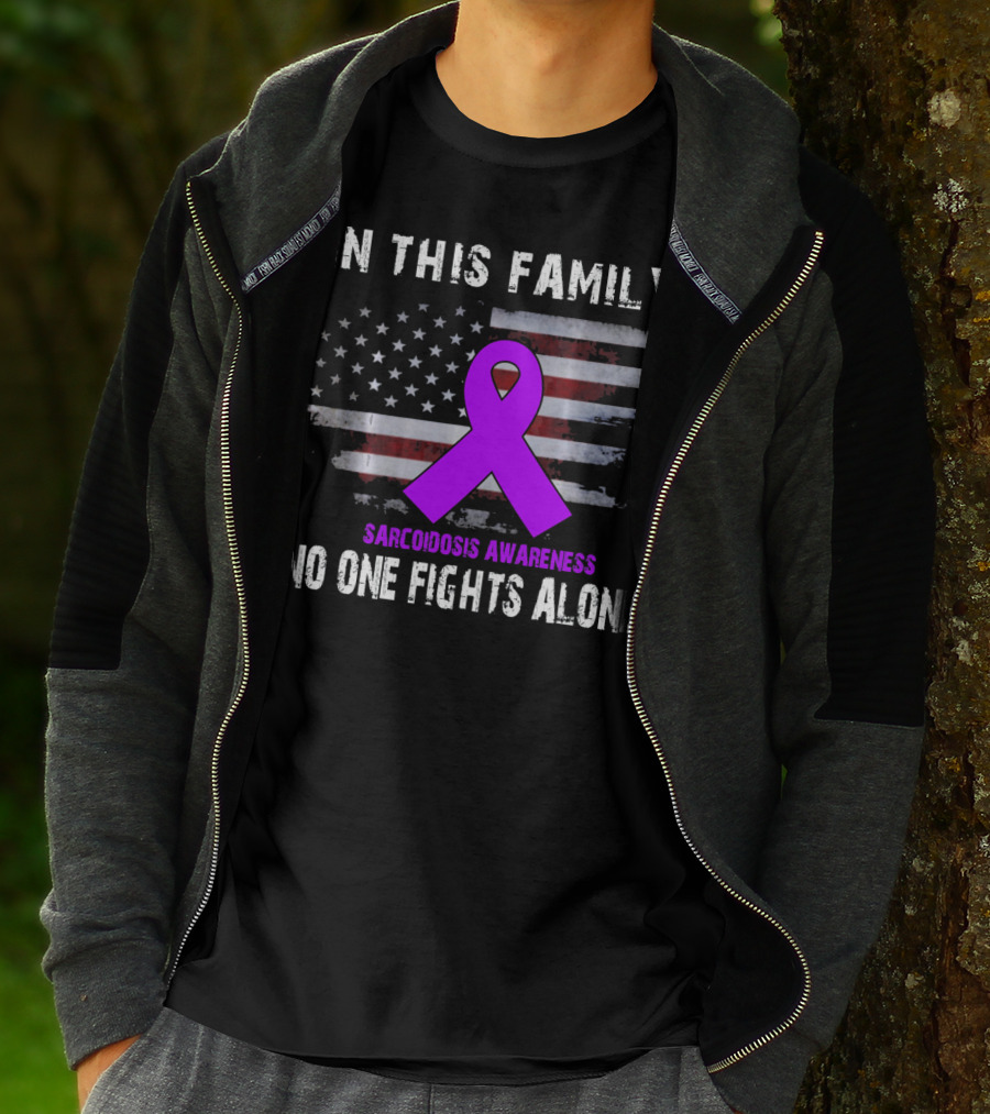 In This Family Sarcoidosis Awareness No One Fights Alone American Flag Purple T-Shirt