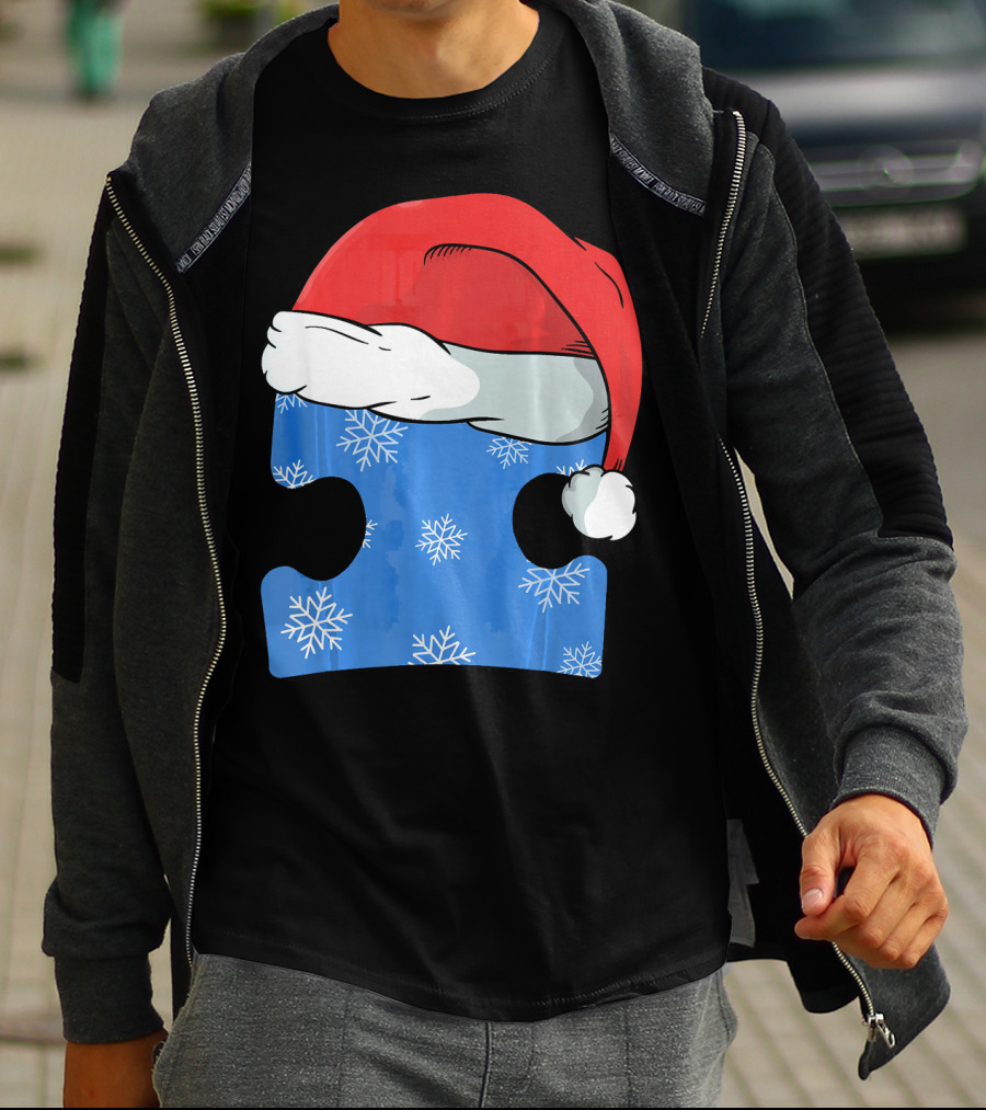 Autism Awareness Puzzle Piece Blue Snowflake Santa Hat T-Shirt