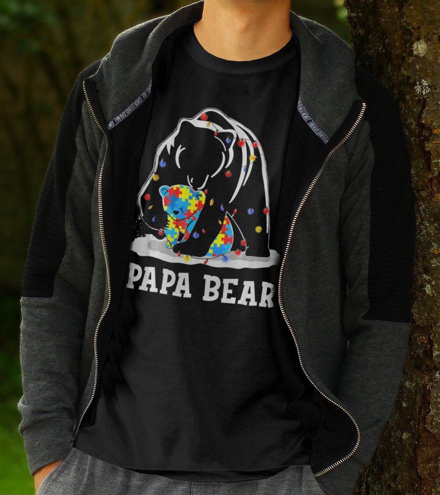 Papa Bear Puzzle Piece Autism Awareness Lights T-Shirt