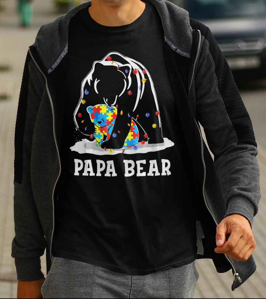 Papa Bear Puzzle Piece Autism Awareness Lights T-Shirt