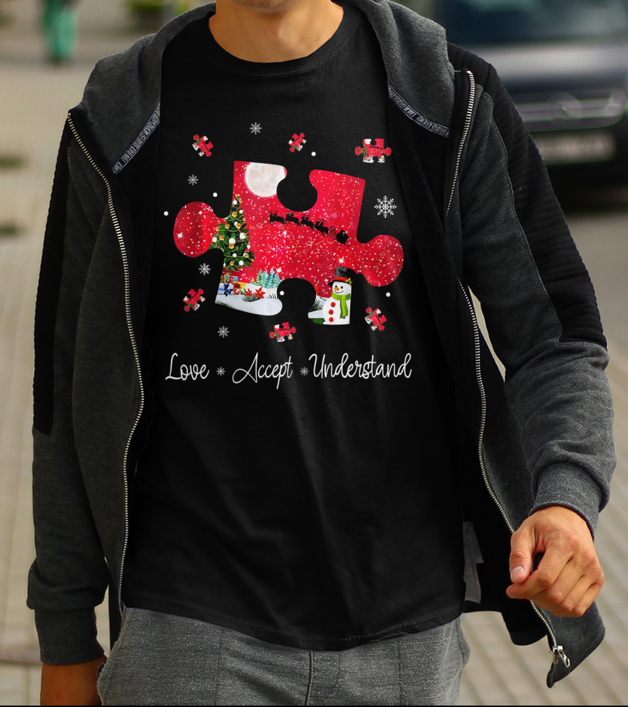 Love Accept Understand Autism Awareness Christmas Puzzle Snowman Santa Sleigh T-Shirt