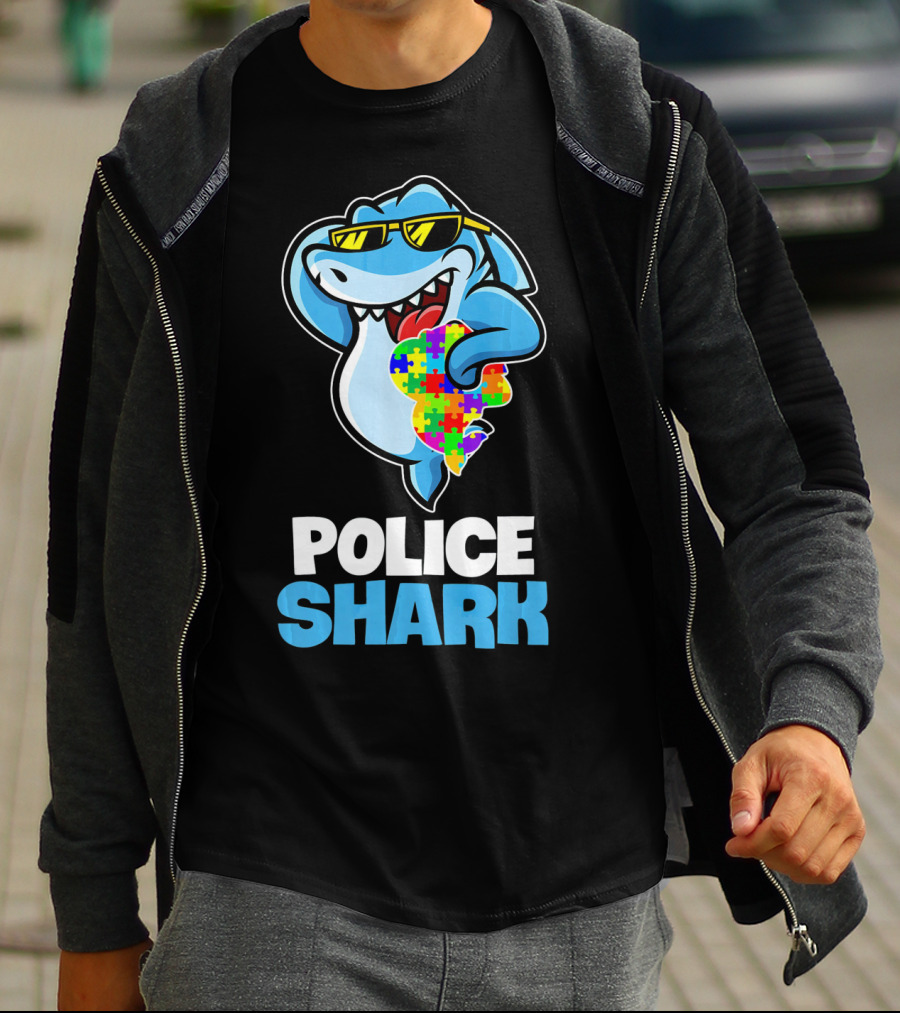 Police Shark Holding Autism Awareness Puzzle Heart T-Shirt