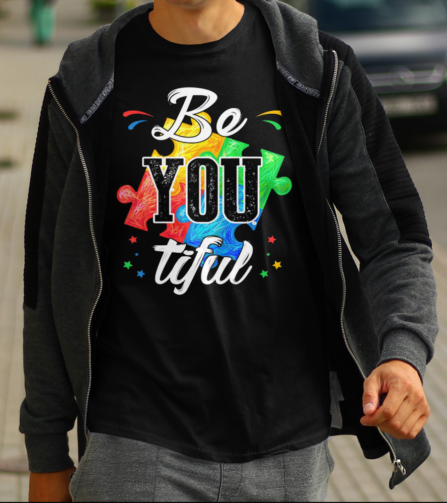 Be You Tiful Autism Awareness Colorful Puzzle Pieces With Stars T-Shirt