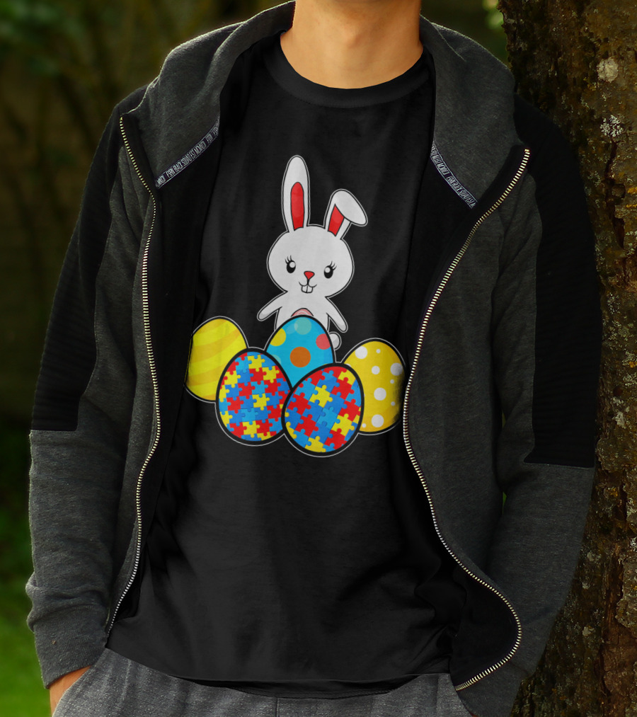 Easter Bunny With Autism Awareness Puzzle Pattern Eggs T-Shirt