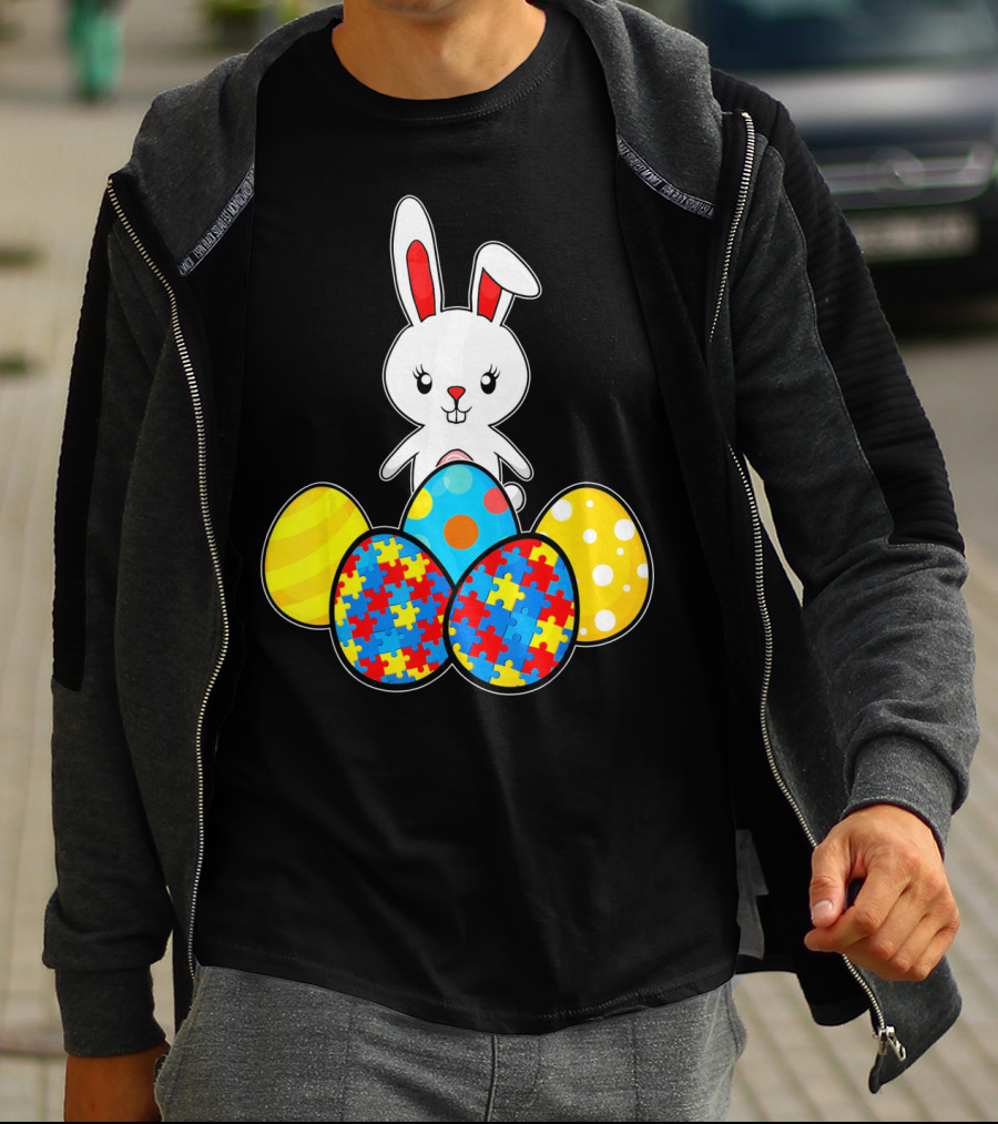 Easter Bunny With Autism Awareness Puzzle Pattern Eggs T-Shirt