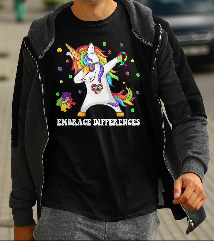 Embrace Differences Unicorn Autism Aware Puzzle Pieces T-Shirt