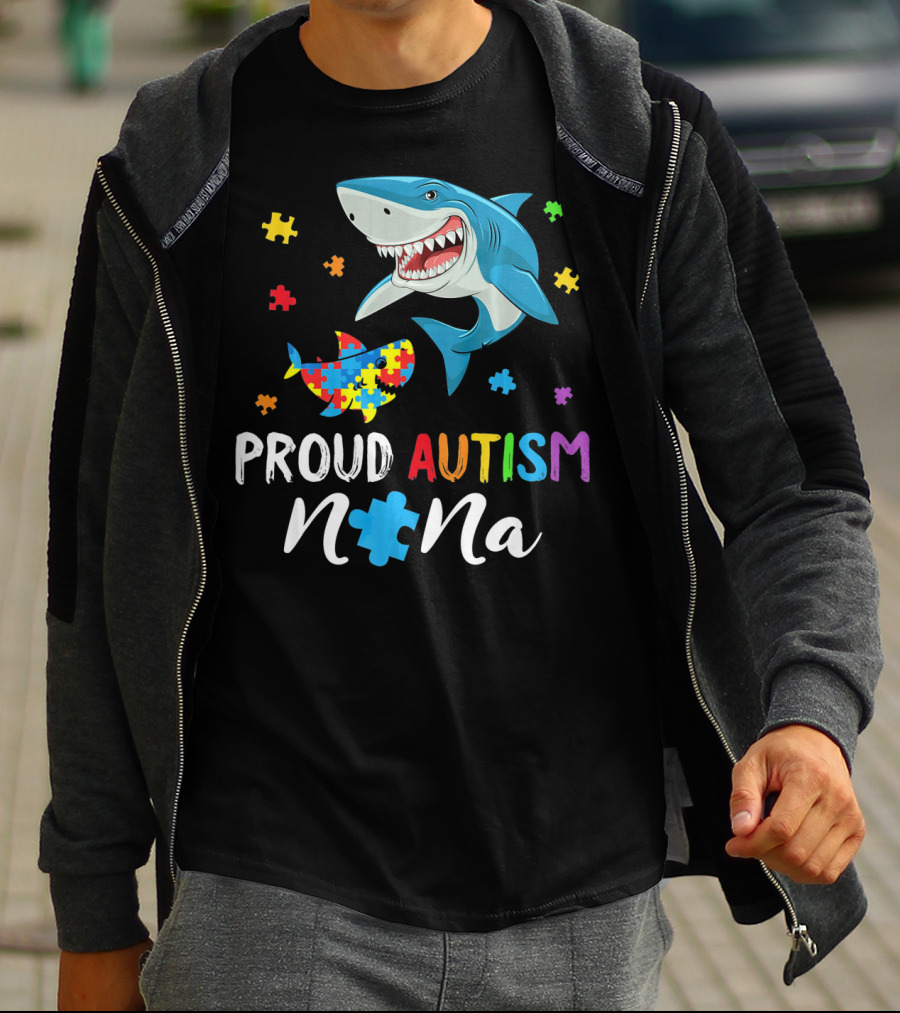 Proud Autism Nana Shark With Colorful Puzzle Pieces T-Shirt