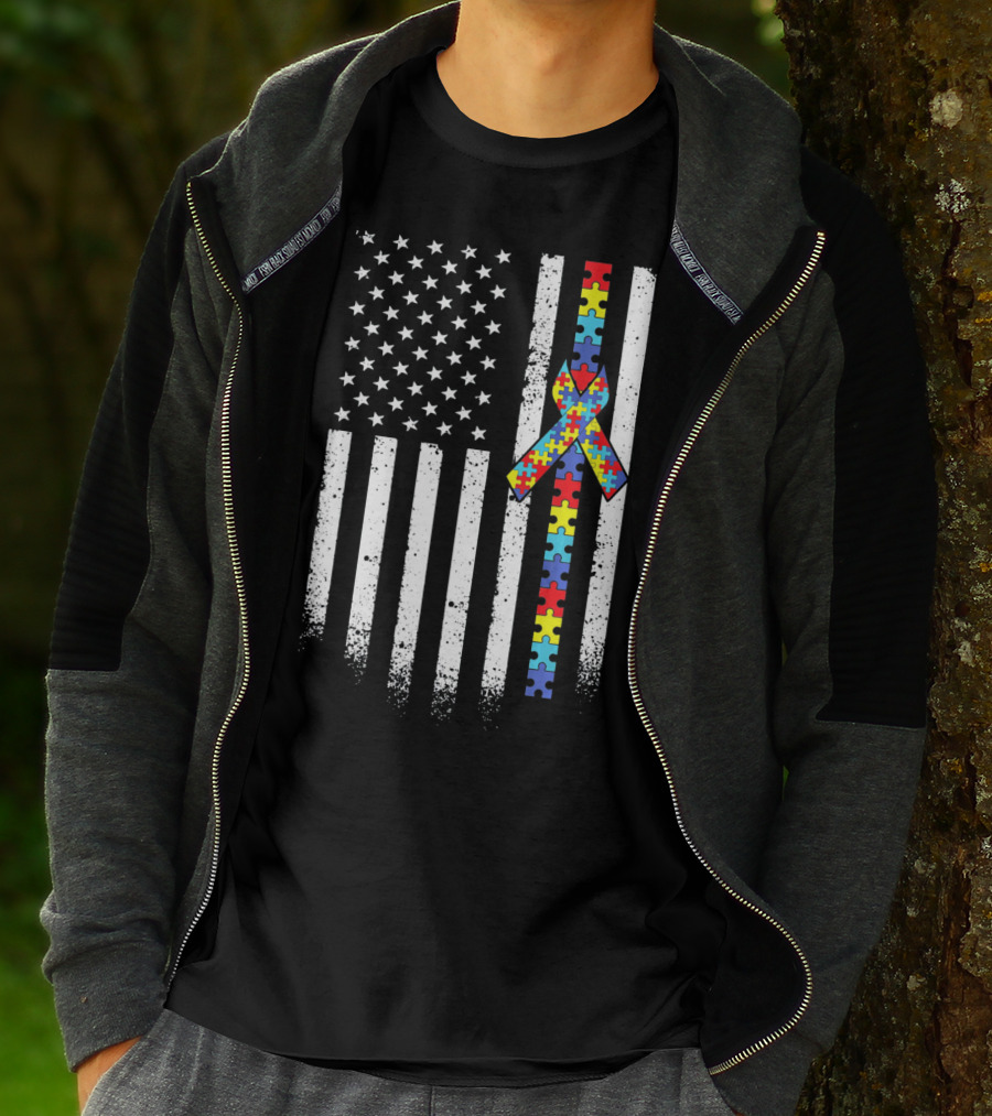Autism Awareness American Flag With Puzzle Piece T-Shirt