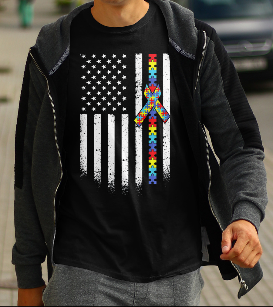 Autism Awareness American Flag With Puzzle Piece T-Shirt