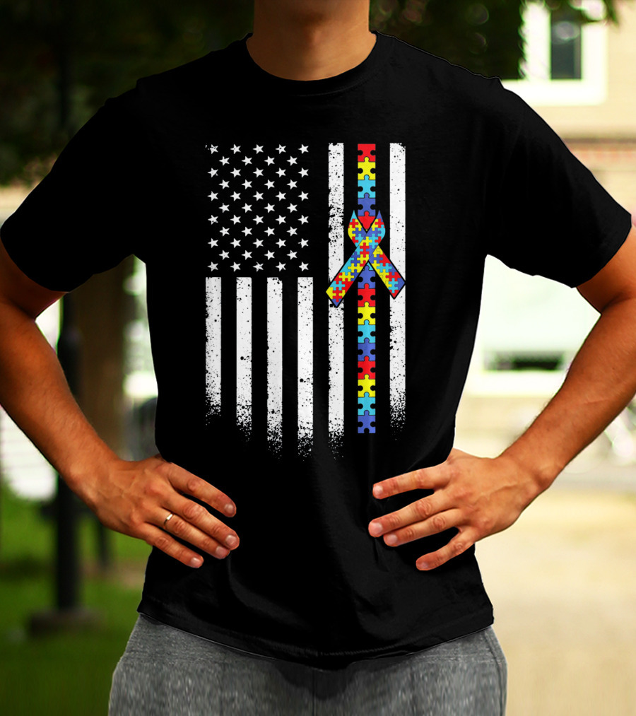 Autism Awareness American Flag With Puzzle Piece T-Shirt