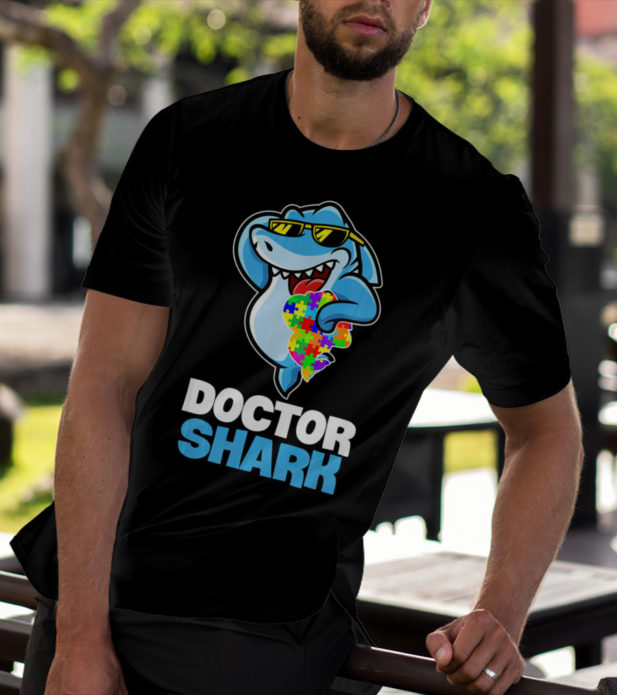 Doctor Shark Sunglasses Holding Autism Puzzle Heart T-Shirt