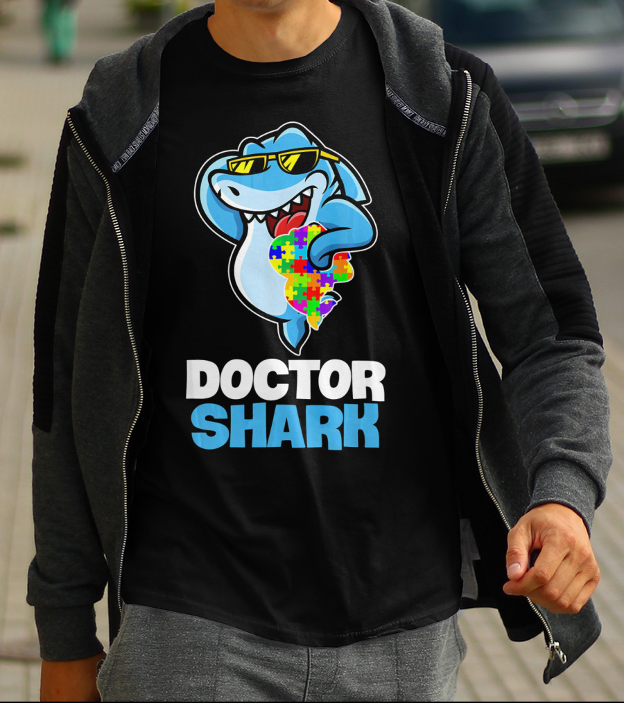 Doctor Shark Sunglasses Holding Autism Puzzle Heart T-Shirt