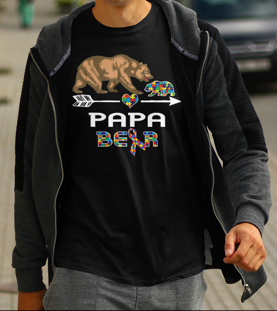 Papa Bear Puzzle Heart Arrow Autism Awareness T-Shirt
