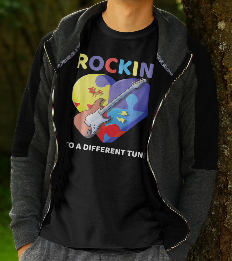 Rockin' To A Different Tune Autism Awareness Guitar Heart Puzzle T-Shirt
