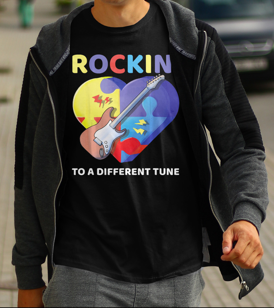 Rockin' To A Different Tune Autism Awareness Guitar Heart Puzzle T-Shirt