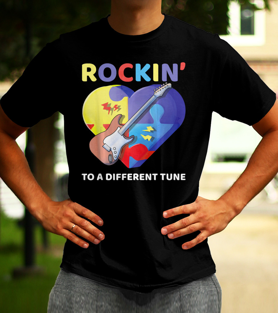 Rockin' To A Different Tune Autism Awareness Guitar Heart Puzzle T-Shirt
