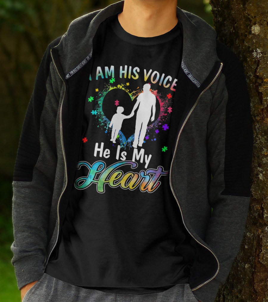 I Am His Voice He Is My Heart Autism Awareness Father And Child Silhouette With Colorful Puzzle T-Shirt