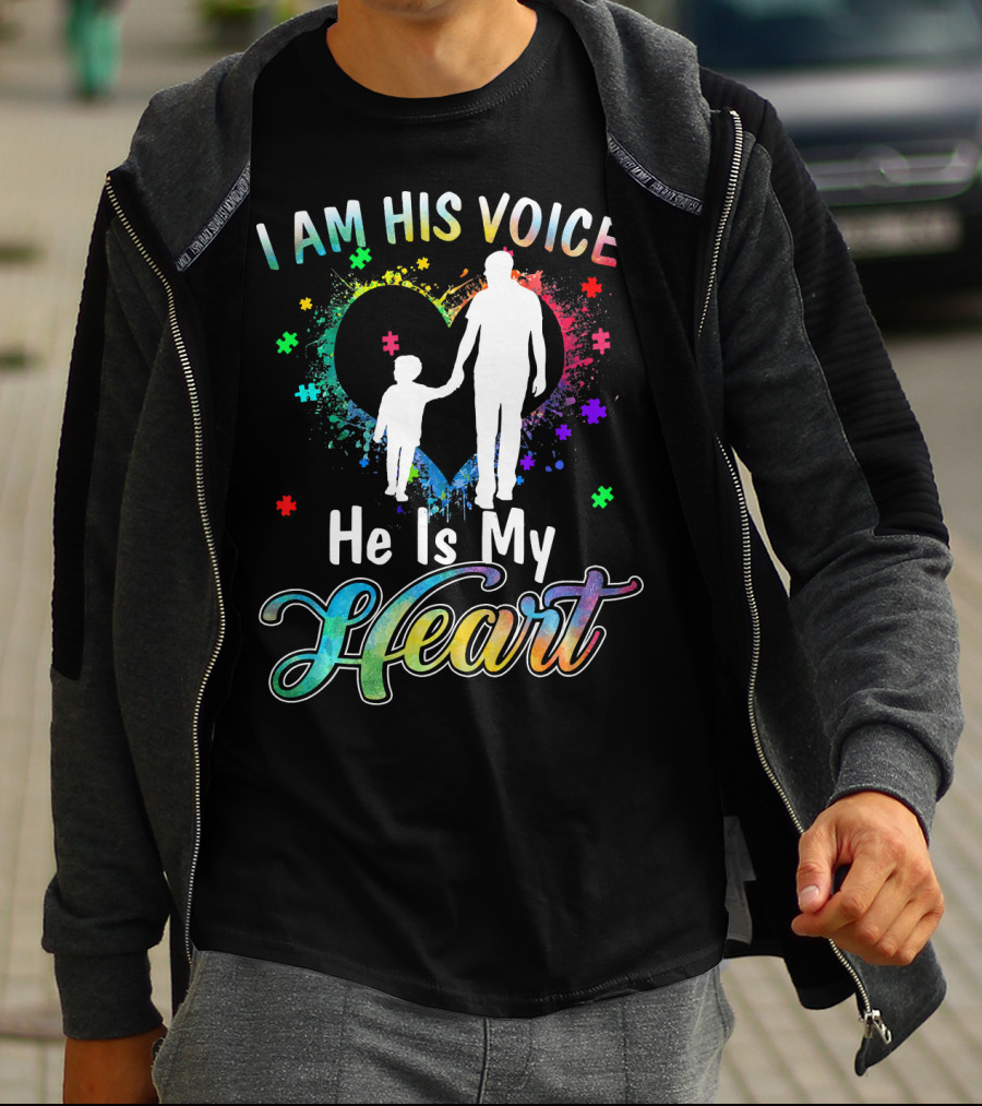 I Am His Voice He Is My Heart Autism Awareness Father And Child Silhouette With Colorful Puzzle T-Shirt