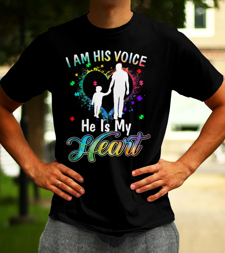 I Am His Voice He Is My Heart Autism Awareness Father And Child Silhouette With Colorful Puzzle T-Shirt
