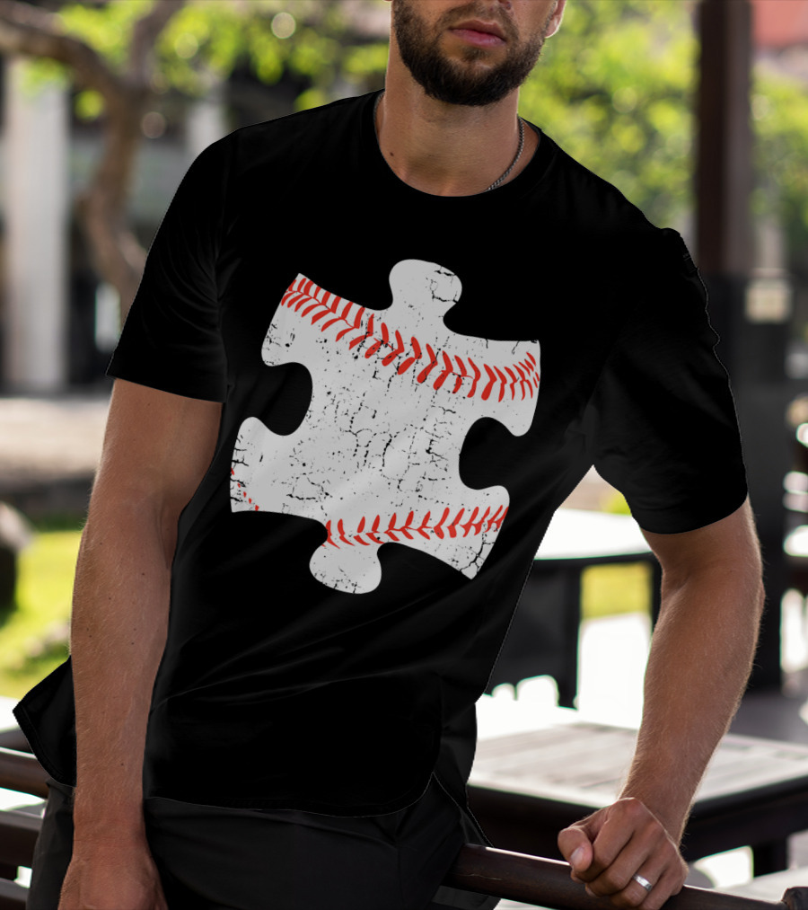 Baseball Stitch Puzzle Piece Autism Awareness T-Shirt